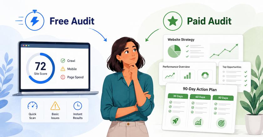 Illustration of a business owner weighing a free website audit with a quick automated site score against a paid audit offering deeper analysis, strategic recommendations and a prioritized 90-day action plan
