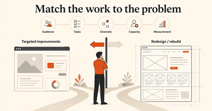 Illustration showing a website owner choosing between targeted improvements and a full redesign, guided by five pillars: Audience, Tasks, Channels, Capacity and Measurement.